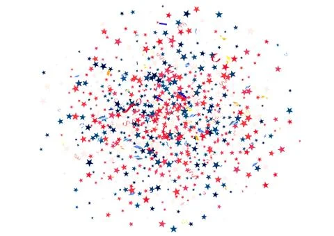 Abstract background with flying red blue silver stars confetti isolated. Blan Stock Illustration