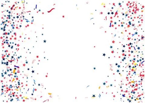 Abstract background with flying red blue silver stars confetti isolated. Blan Illustrazione stock