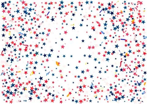 Abstract background with flying red blue silver stars confetti isolated. Blan Stock Illustration