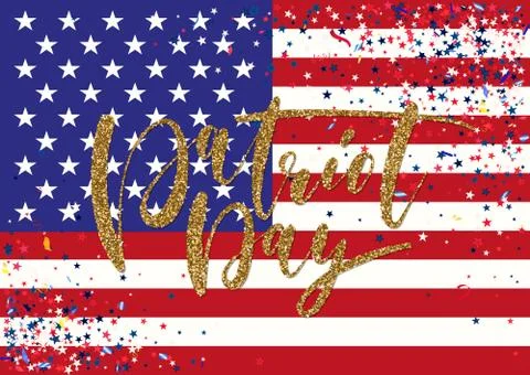 Abstract background with flying red blue silver stars confetti on usa flag ba Stock Illustration