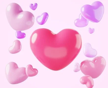 Abstract background with flying red, pink, purple hearts 3d render. Valentine Illustrazione stock