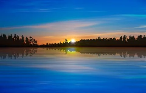 Abstract background with forest lake pink clouds and sunrise Ilustração Stock