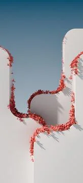 Abstract background of futuristic white elements with red flowers growing on Stock Illustration