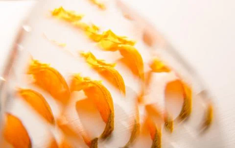 Abstract background of glass reflection of yellow color tulip petals. Macro Stock Photos