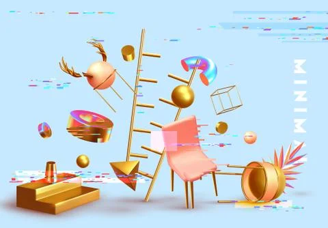 Abstract background with glitch effect and realistic geometric objects 3d sha Stock Illustration