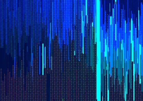 Abstract background with glitched vertical stripes, stream line binary code.. 库存插图