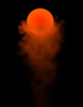 Abstract background, glowing burning orange ball with clouds and smoke on black Stock Illustration
