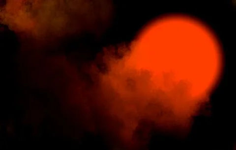 Abstract background, glowing burning orange ball with clouds and smoke on black Stock Illustration