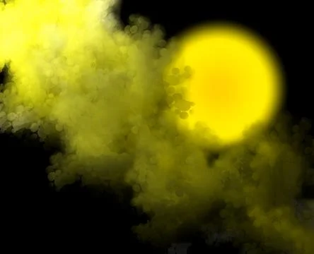 Abstract background, glowing burning yellow ball with clouds and smoke on black Stock Illustration