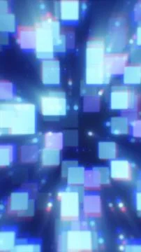 Abstract background of glowing floating squares and soft bokeh lights, symb.. Illustrazione stock