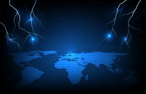 Abstract background of glowing lightning storm and globe world maps Stock Illustration