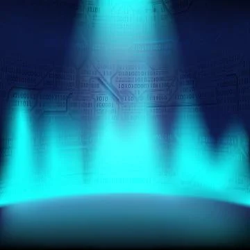 Abstract background with a glowing plasma wall of binary code and circuit boards Stock Illustration