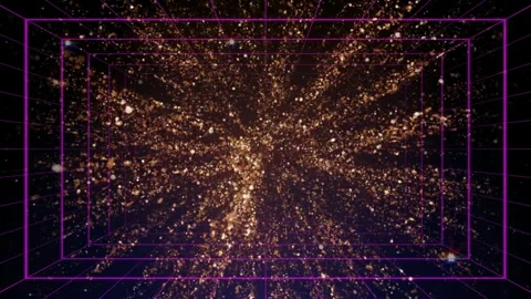 Abstract background with golden particles and glowing neon purple grid lines, Stock Footage 337461348