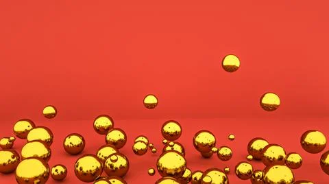 Abstract background of golden three-dimensional spheres on a red background.  Illustrazione stock