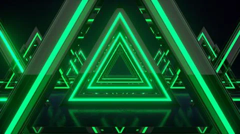 Abstract background with green neon triangles. Triangle Future Space Tunnel.  Stock Illustration