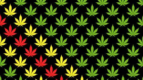 Abstract background of green, yellow and red hemp leaves on black Stock Illustration