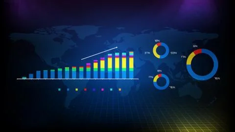 Abstract background of gross graph and pie chart data with world map Illustrazione stock