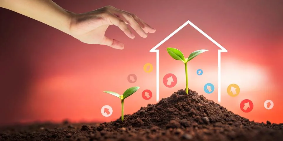 Abstract Background. Hand and Tree Growing House in Community Business Stock Illustration