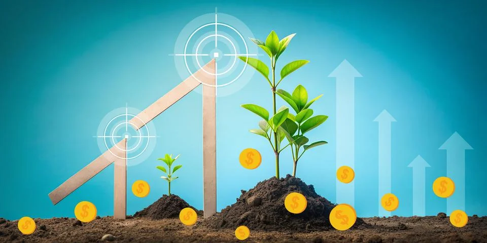 Abstract background. Hands and arrows with growing trees in different investment Stock Illustration