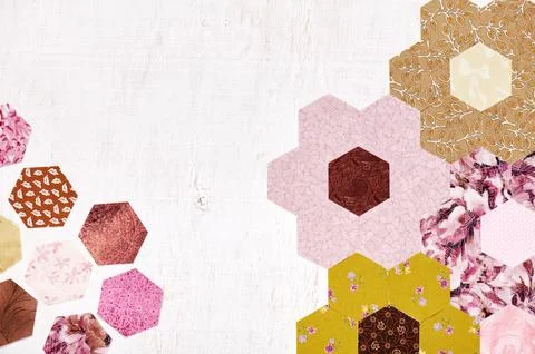 Abstract background of hexagonal pieces of fabric Grandmother's Flower Gard.. Fotos de archivo