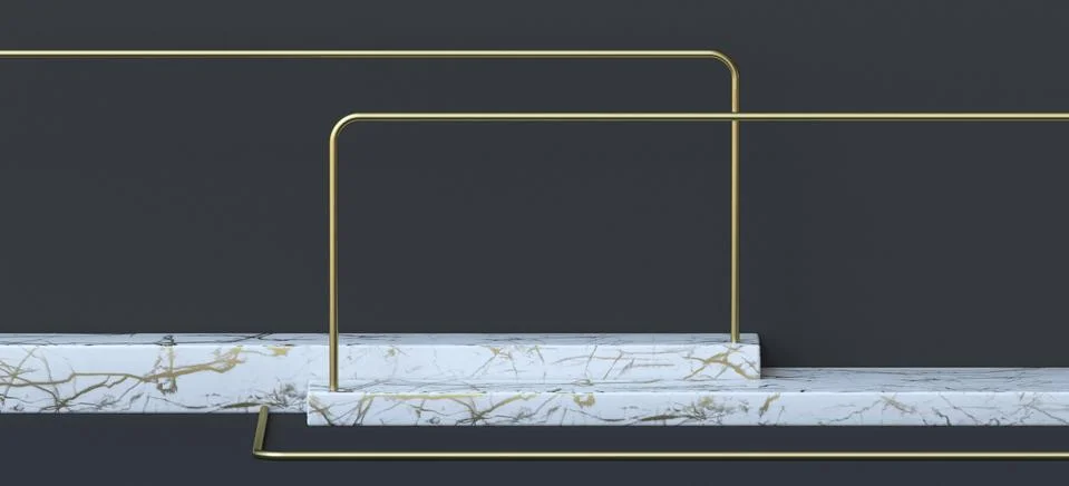 Abstract background horizontal white marble pedestal with golden wire frames  Illustrazione stock