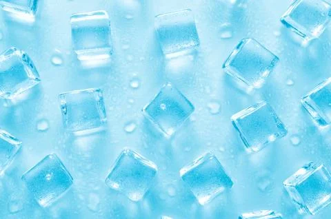 Abstract background with ice cubes and water drops, flat lay Stock Photos