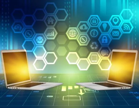 Abstract background with icons inside the hexagon and laptop computers Stock Illustration