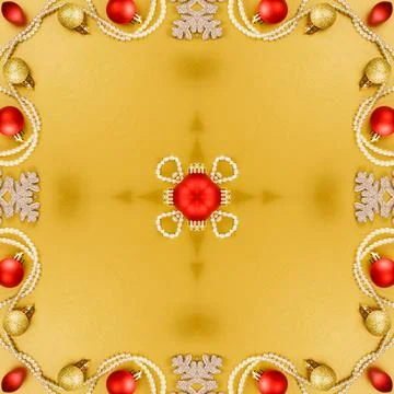 Abstract background of kaleidoscope frame. red yellow christmas tree balls on Stock Illustration