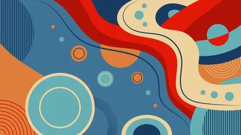 Abstract background with lines and circles in blue, red, and orange. Retro ba Stock Illustration
