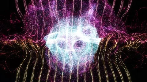 Abstract background liquid energy particles flows colliding sphere Video stock 197359655