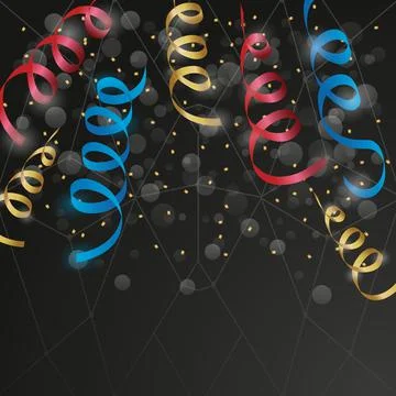 Abstract background with many falling tiny colorful confetti pieces and ribbon Stock Illustration