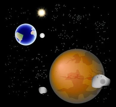 Abstract background with Mars, its satellites, earth, moon and sun. EPS10 vector Stock Illustration