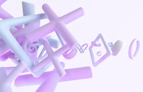 Abstract background with matt geometric shapes 3d render. Flying crosses, rings Illustrazione stock