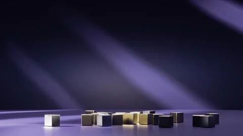 Abstract background of metal cubes lying scattered on the floor, illuminated by Иллюстрация