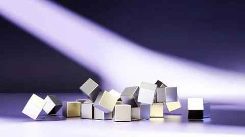 Abstract background of metal cubes lying scattered on the floor, illuminated by Illustration