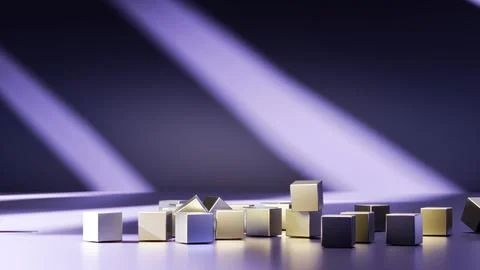 Abstract background of metal cubes lying scattered on the floor, illuminated by Stock-Illustration