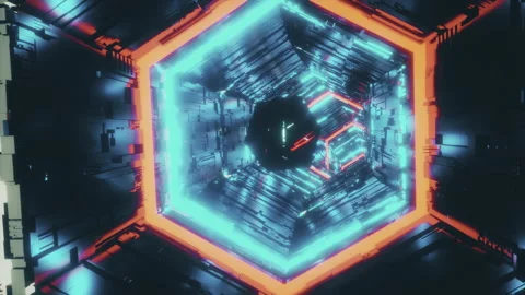 Abstract background with a mirror polyhedron flying through the hexagon tunnel Stock Footage 165358825