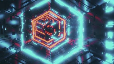 Abstract background with a mirror polyhedron flying through the hexagon tunnel Stock Illustration