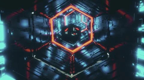 Abstract background with a mirror polyhedron flying through the hexagon tunnel Stock Illustration