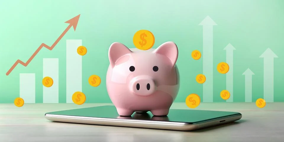 Abstract background. Mobile Banking concept of saving money With pink piggy bank Stock Illustration