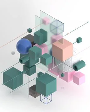 Abstract background, modern composition of geometric shapes. Cube, sphere Ilustración de archivo