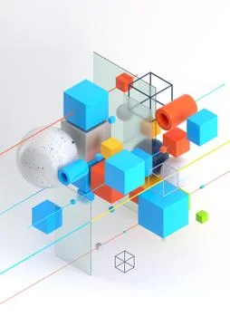 Abstract background, modern composition of geometric shapes. Cube, sphere Ilustração Stock