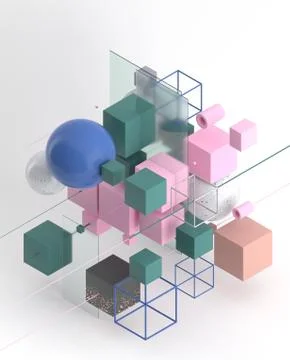 Abstract background, modern composition of geometric shapes. Cube, sphere Ilustração Stock