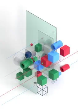 Abstract background, modern composition of geometric shapes. Cube, sphere Ilustração Stock