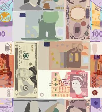 Abstract Background with Money banknotes of different countries. US dollar Stock Illustration