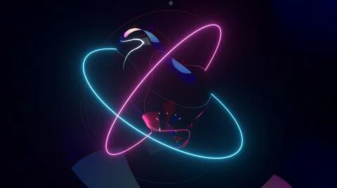Abstract background with morphing dark spheres illuminated by neon rings. 3d  Stock Illustration
