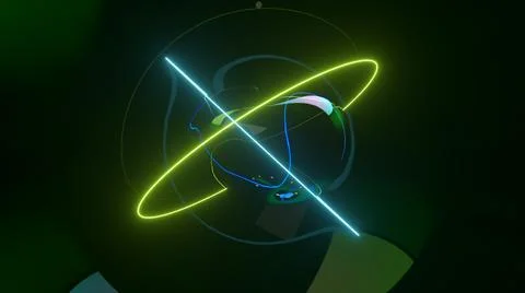Abstract background with morphing dark spheres illuminated by neon rings. 3d  Stock Illustration