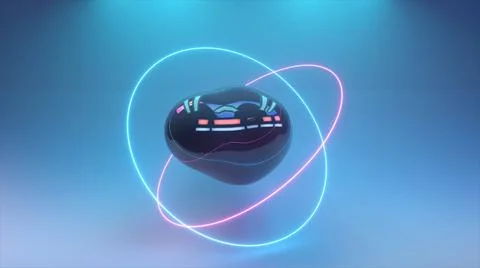 Abstract background with morphing dark spheres illuminated by neon rings. 3d  Stock Illustration