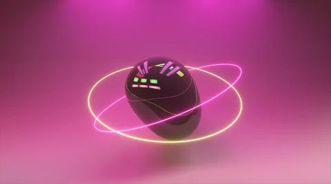 Abstract background with morphing dark spheres illuminated by neon rings. 3d  Stock Illustration