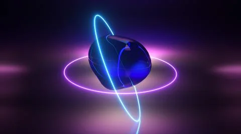 Abstract background with morphing dark spheres illuminated by neon rings. 3d  Stock Illustration